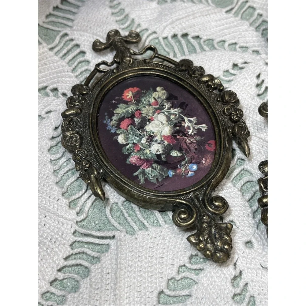 Vintage Victorian Brass Ornate Frames Floral Art and Mirrors Italy Set of 3